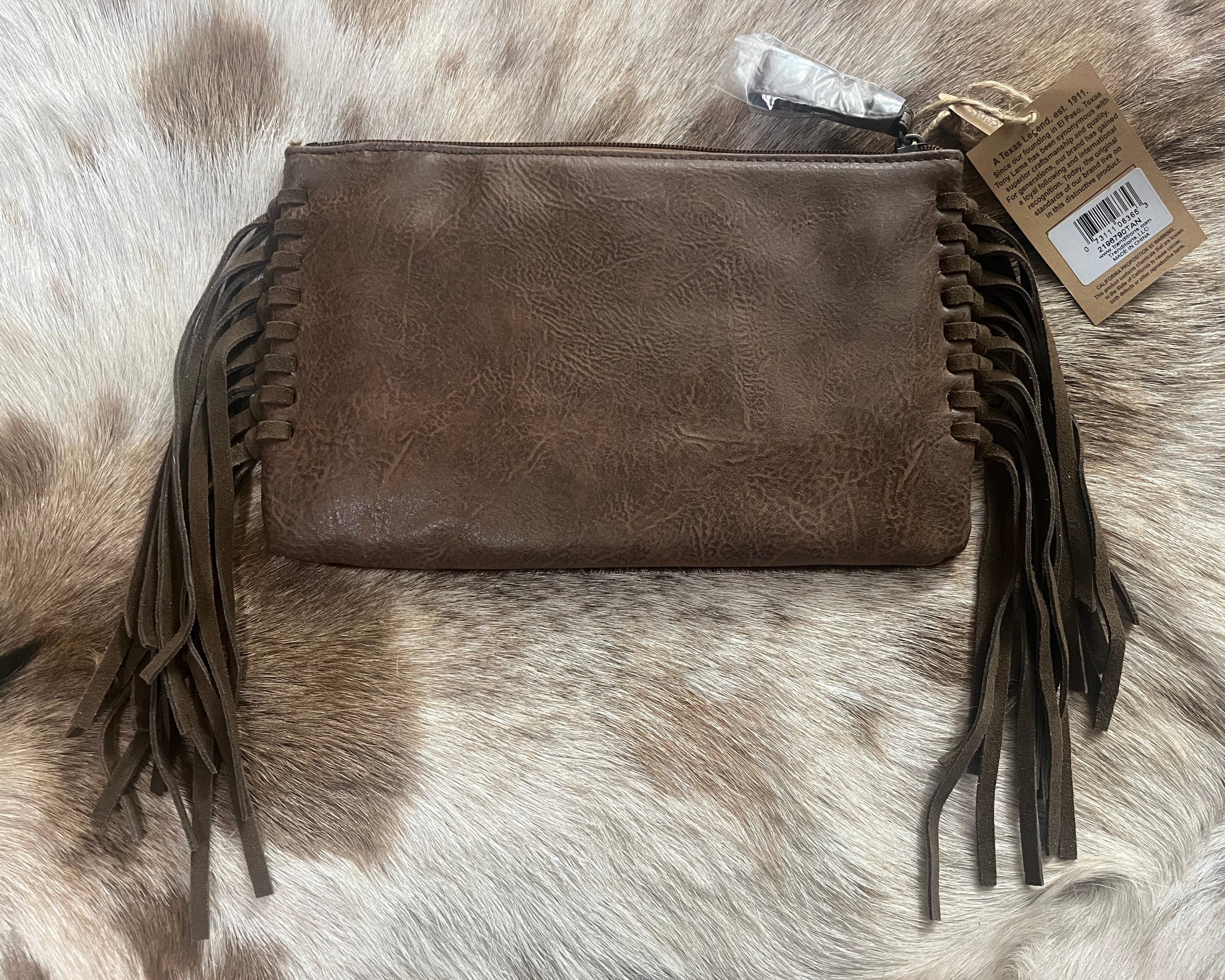 Brown Cowhide Fringe Clutch