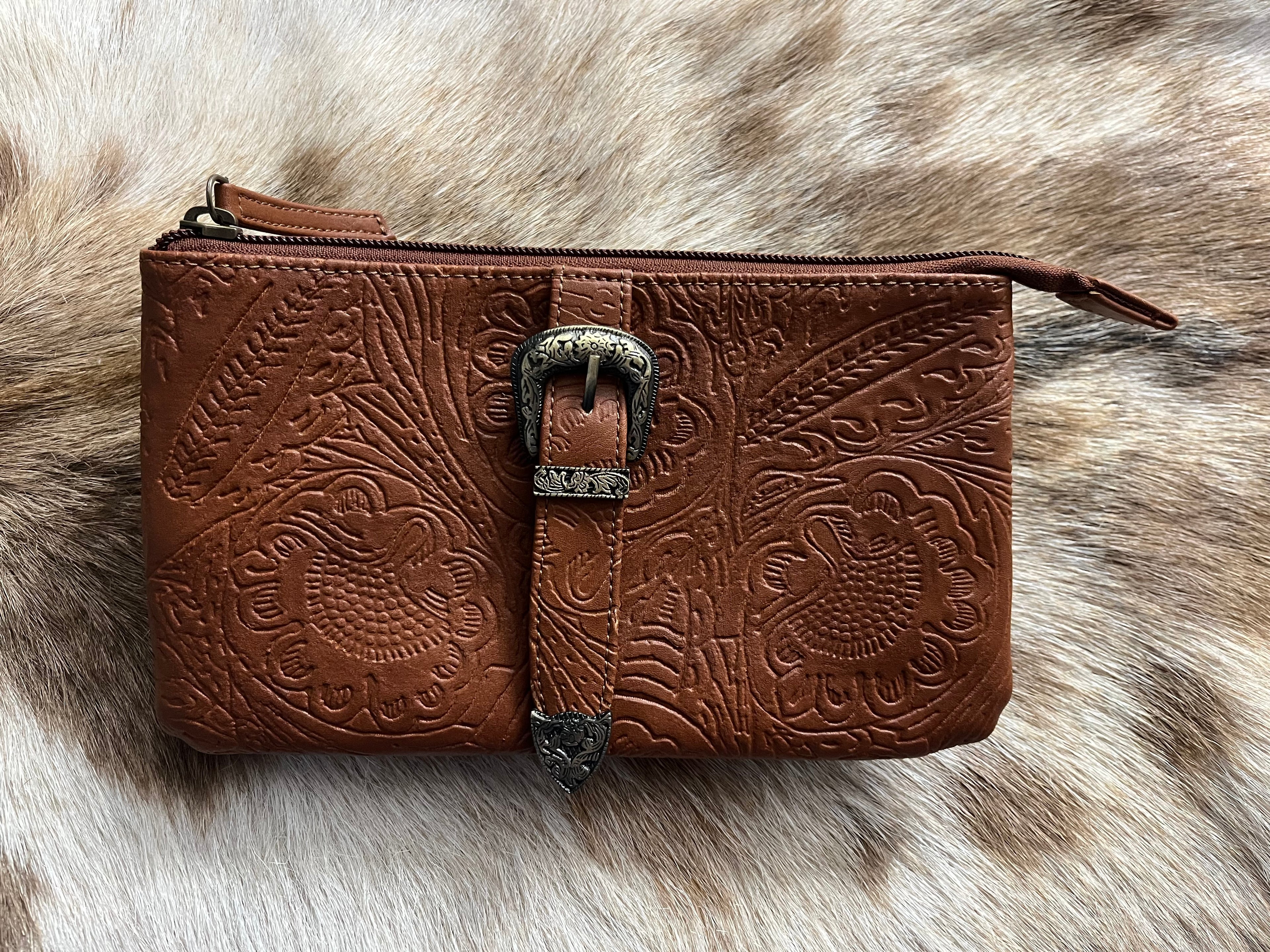 Brown Leather Tooled Crossbody