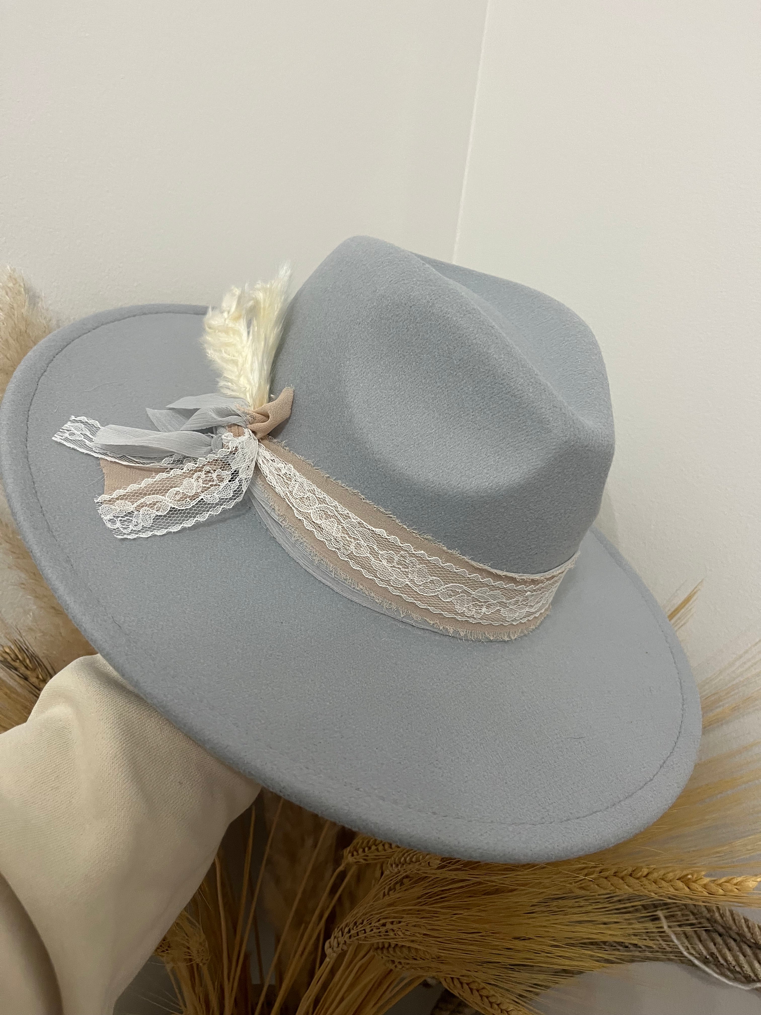 Grey Flat Brim Ribbon Hat