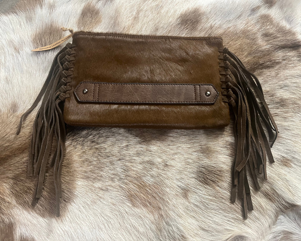 Brown Cowhide Fringe Clutch