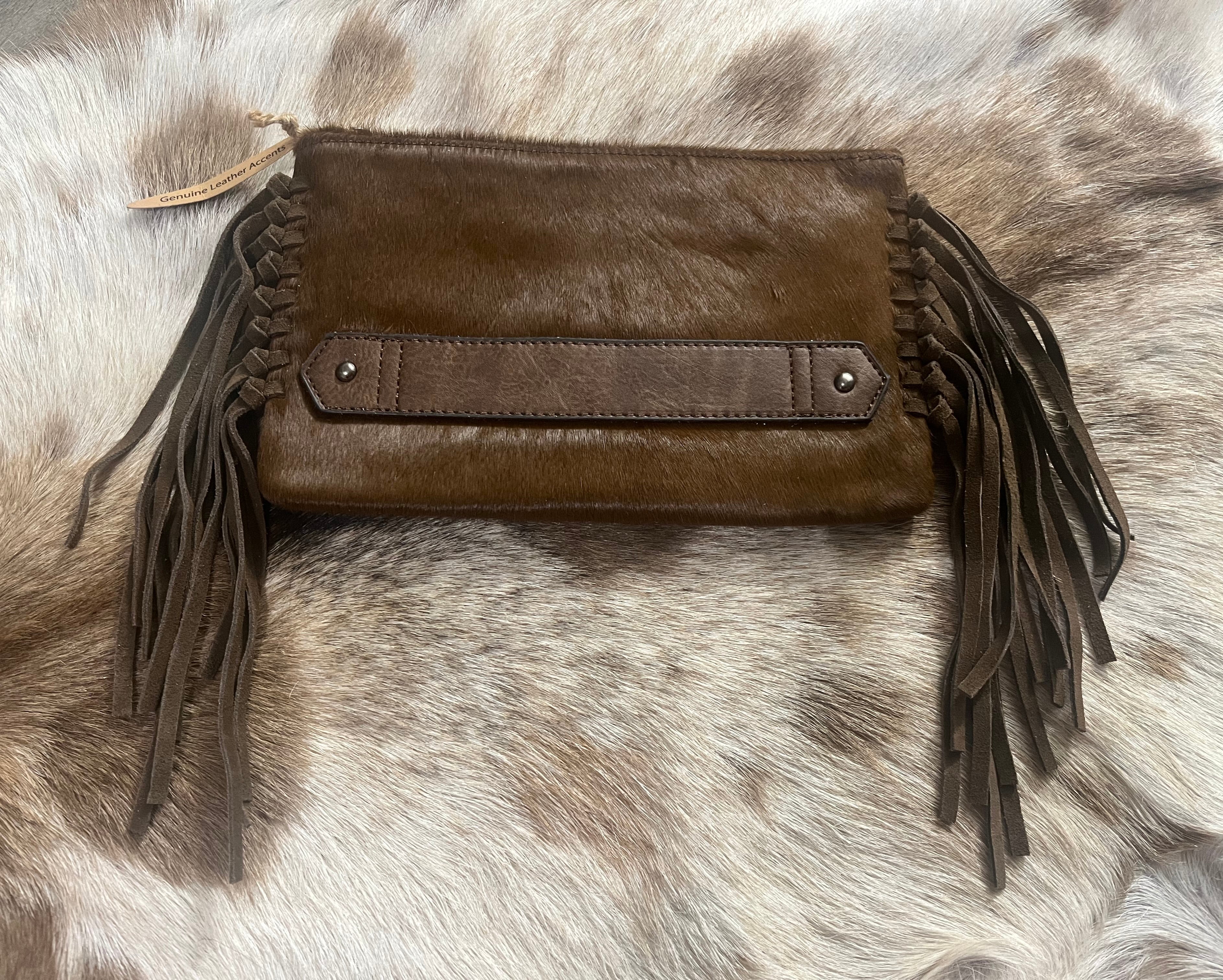 Brown Cowhide Fringe Clutch