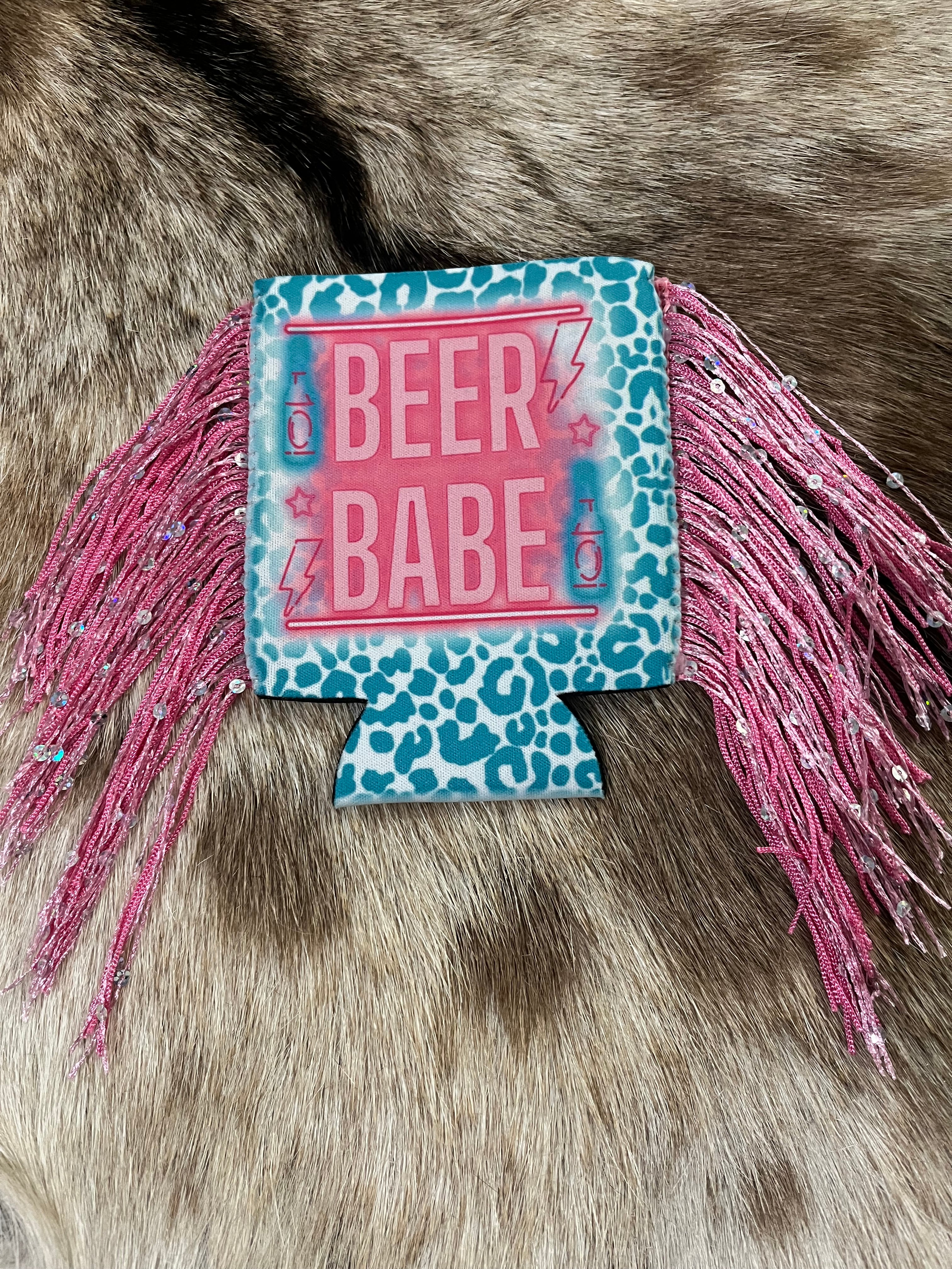 Beer Babe Leopard Sparkle Fringe Koozie