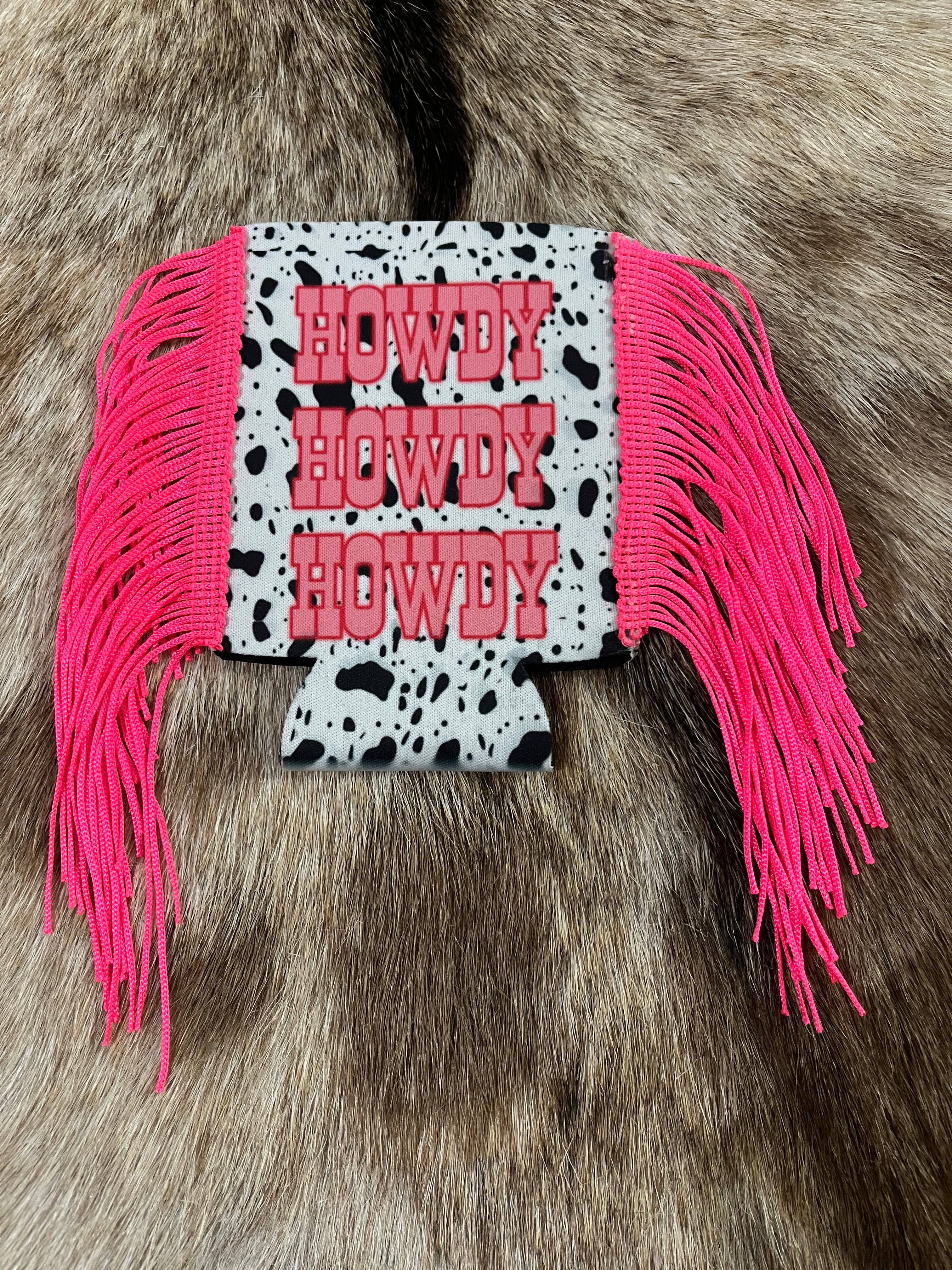 Howdy Cow Print Fringe Koozie