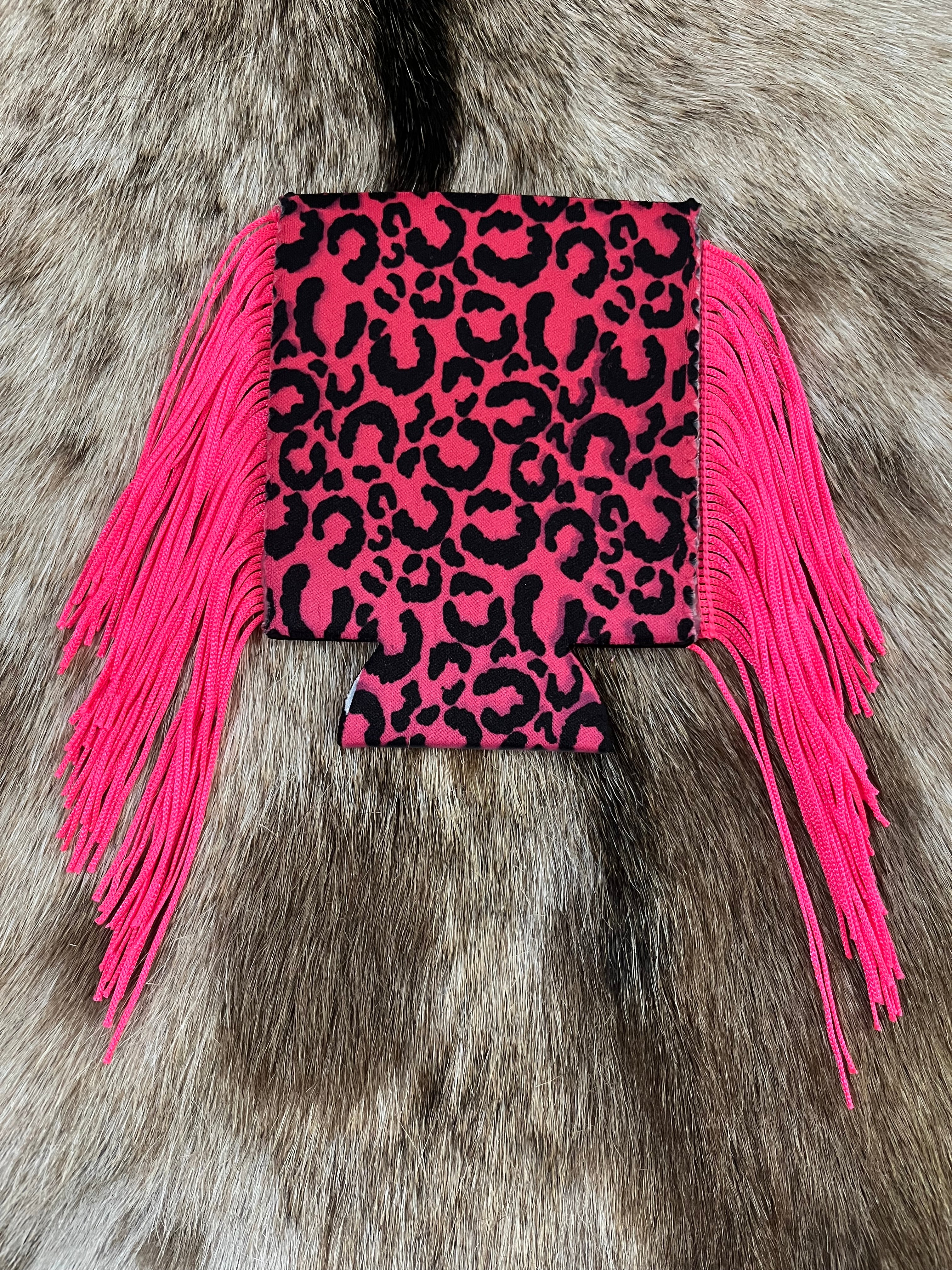 Hot Pink Leopard Fringe Koozie