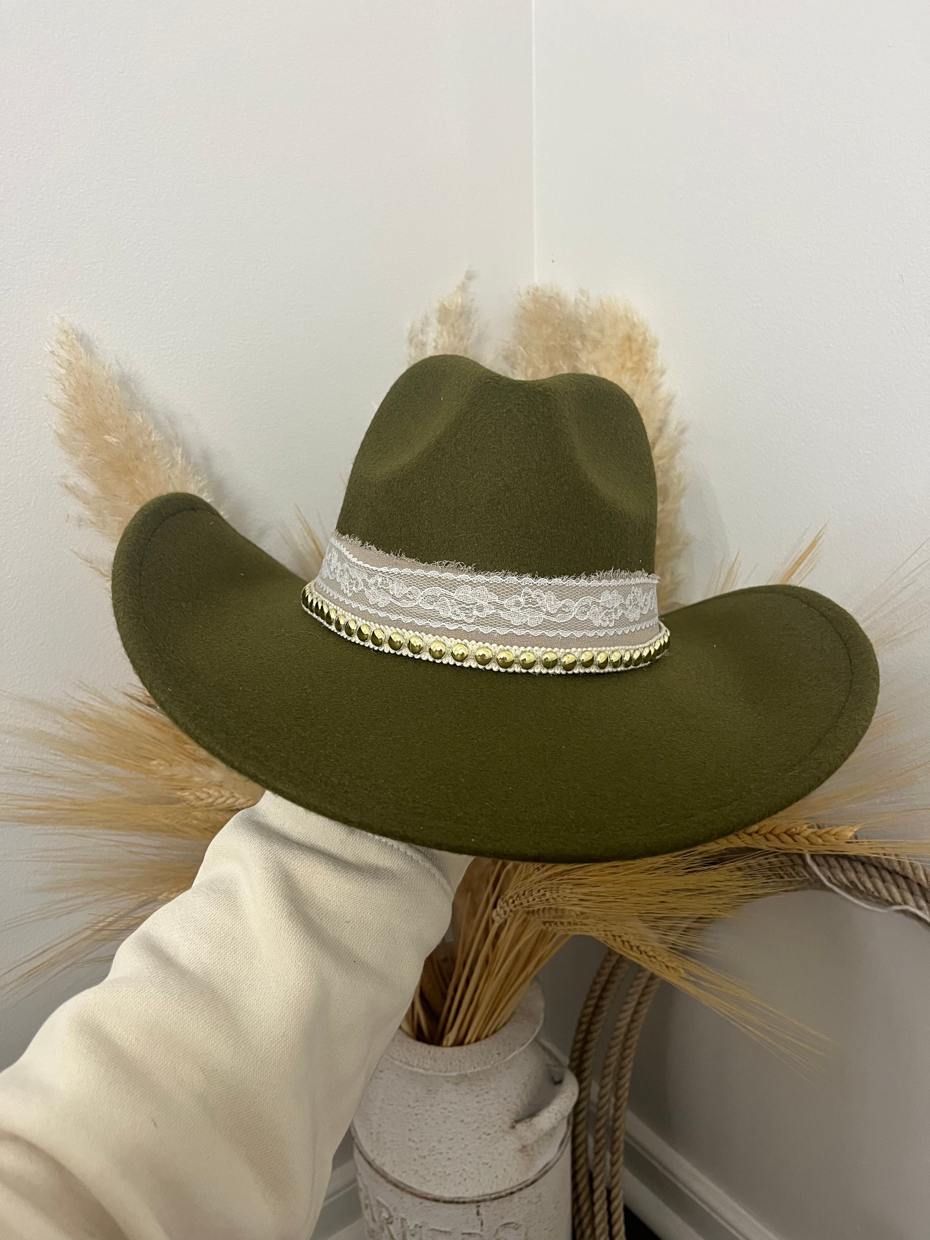 Olive Green Ribbon Cowgirl Hat