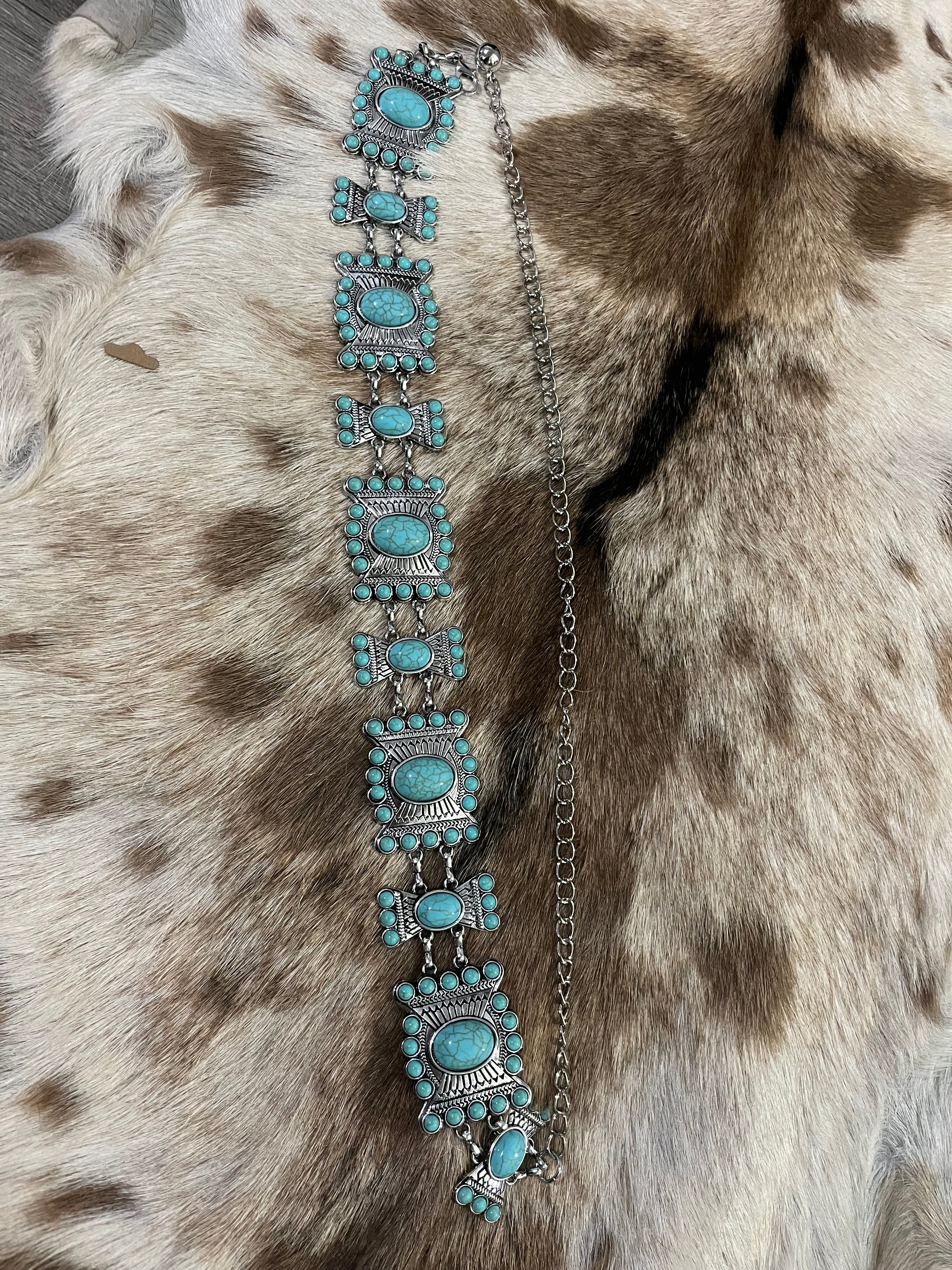 Square Turquoise Silver Chained Concho Belt