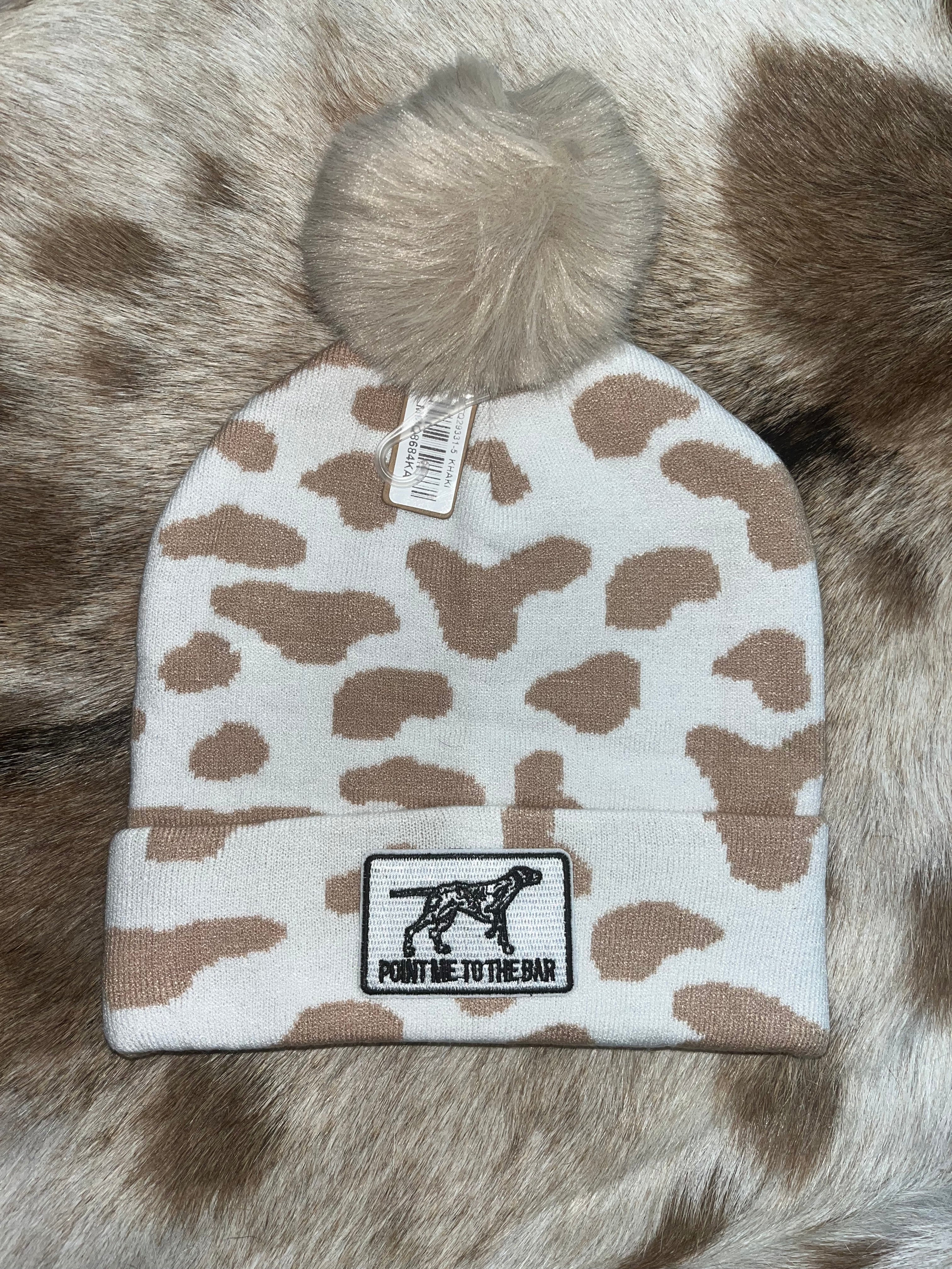 “Point Me to the Bar” Cow Print Beanie